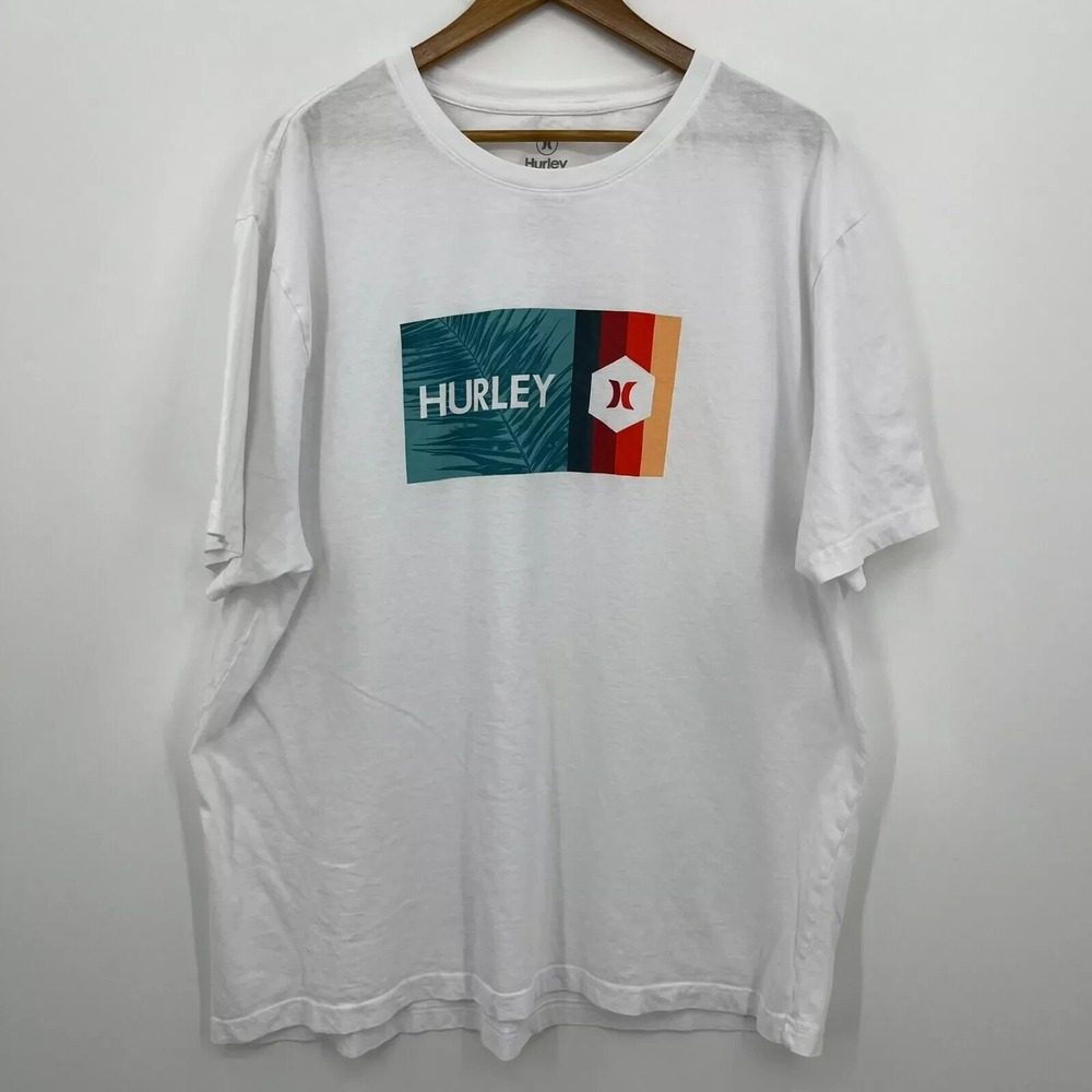 Hurley T-Shirt Men's Size 2XL White Short Sleeve Crew‎ Neck Logo Cotton Beach
